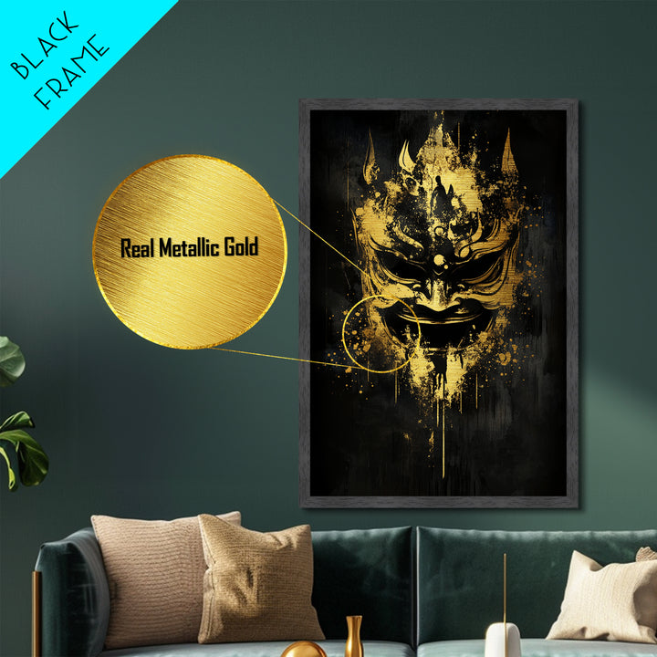 Vibrant Demon Face Metallic Gold Metal Print, Splatter Art Wall Decor, Tribal Mythical Mask, Real Wood Frame, Bold Home Accent