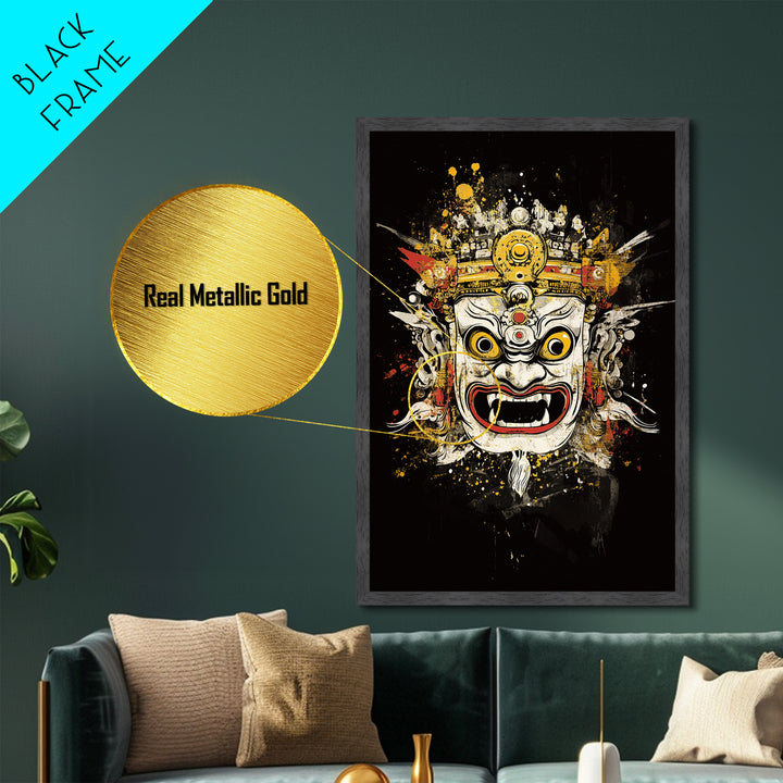 Balinese Mask Metallic Gold Metal Print, Splatter Art Wall Decor, Mythical Cultural Wall Art, Real Wood Frame, Tribal Home Accent
