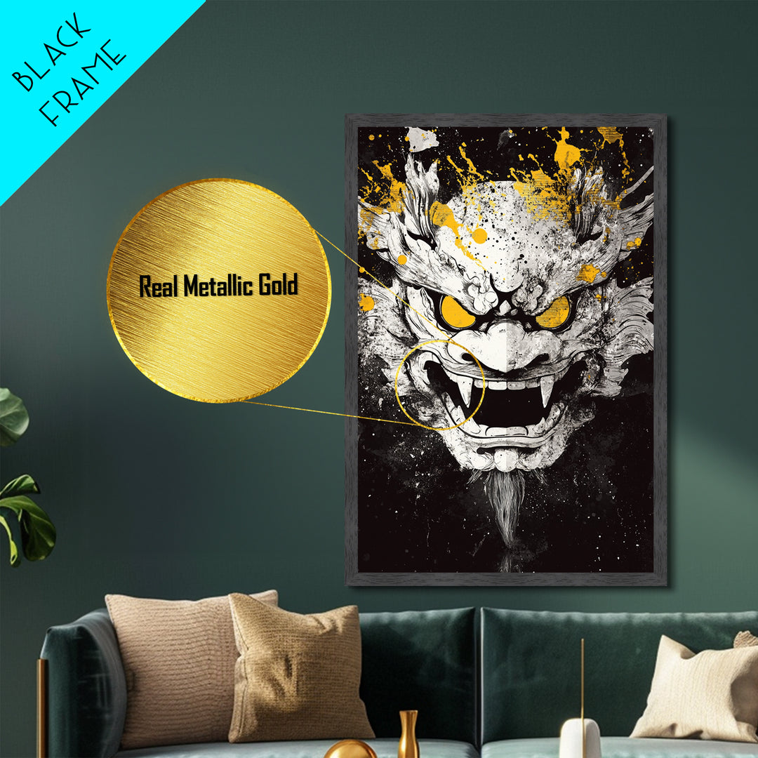 Dragon Demon Face Metallic Gold Metal Print, Splatter Style Wall Decor, Fierce Mythical Mask Art, Real Wood Frame, Tribal Home Accent