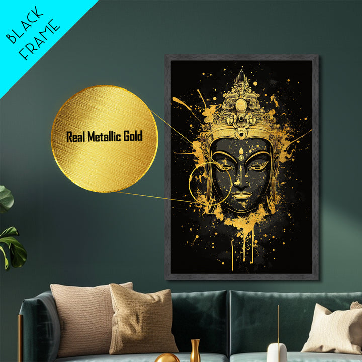 Buddha Head Metallic Gold Metal Print, Sacred Splatter Style Wall Decor, Spiritual Wall Art, Real Wood Frame, Tranquil Home Accent
