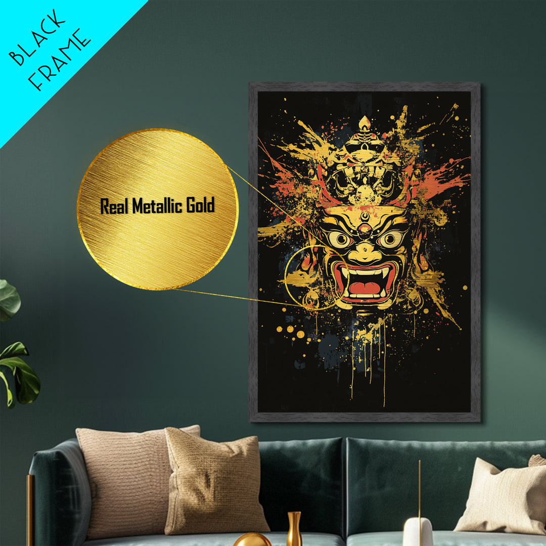 Fierce Mask Metallic Gold Metal Print, Splatter Art Wall Decor, Bold Tribal Mythical Face Art, Real Wood Frame, Statement Home Accent