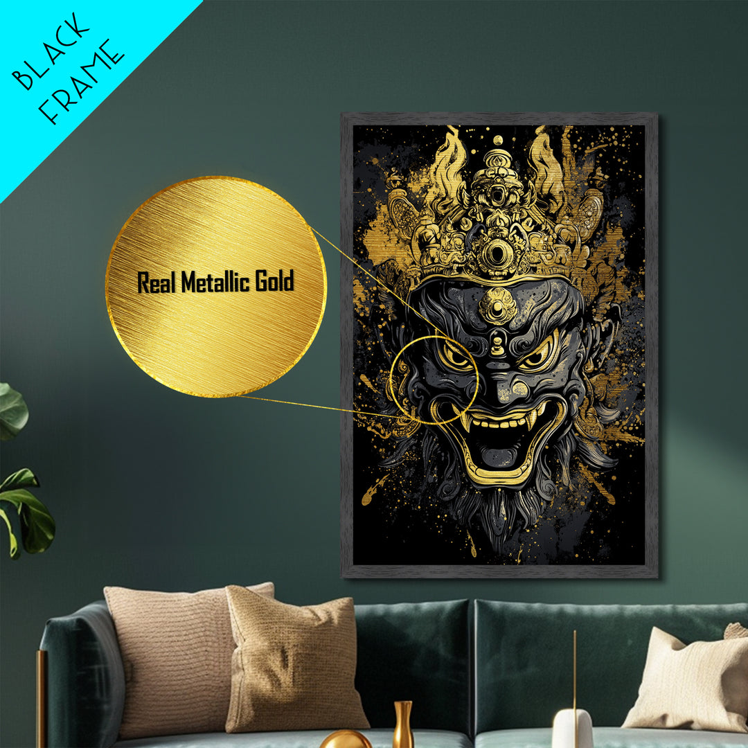 Intricate Demon Mask Metallic Gold Metal Print, Splatter Style Wall Decor, Fierce Mythical Face Art, Real Wood Frame, Tribal Accent