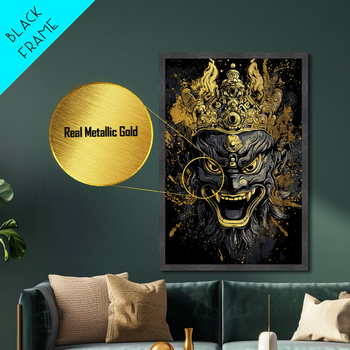 Intricate Demon Mask Metallic Gold Metal Print, Splatter Style Wall Decor, Fierce Mythical Face Art, Real Wood Frame, Tribal Accent