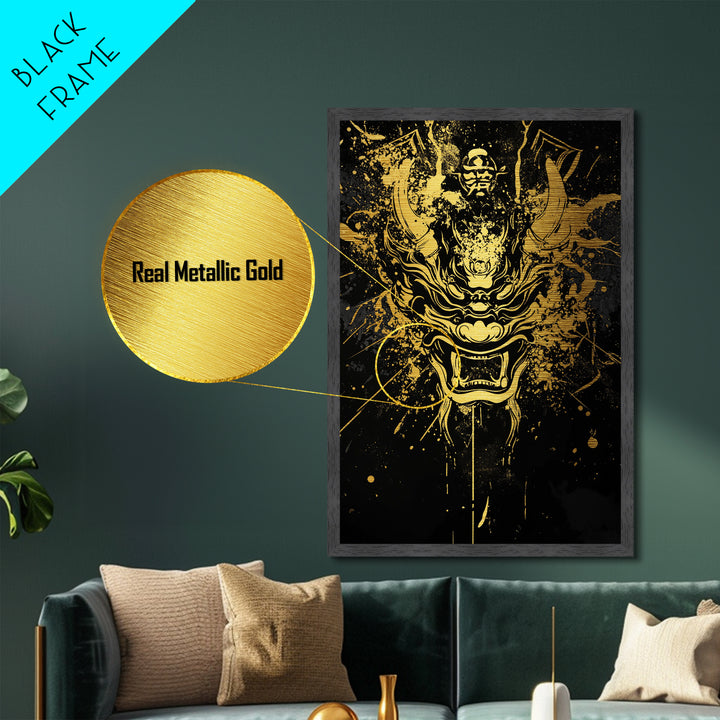 Samurai Demon Mask Metallic Gold Metal Print, Splatter Style Wall Decor, Warrior Inspired Wall Art, Real Wood Frame, Tribal Home Accent