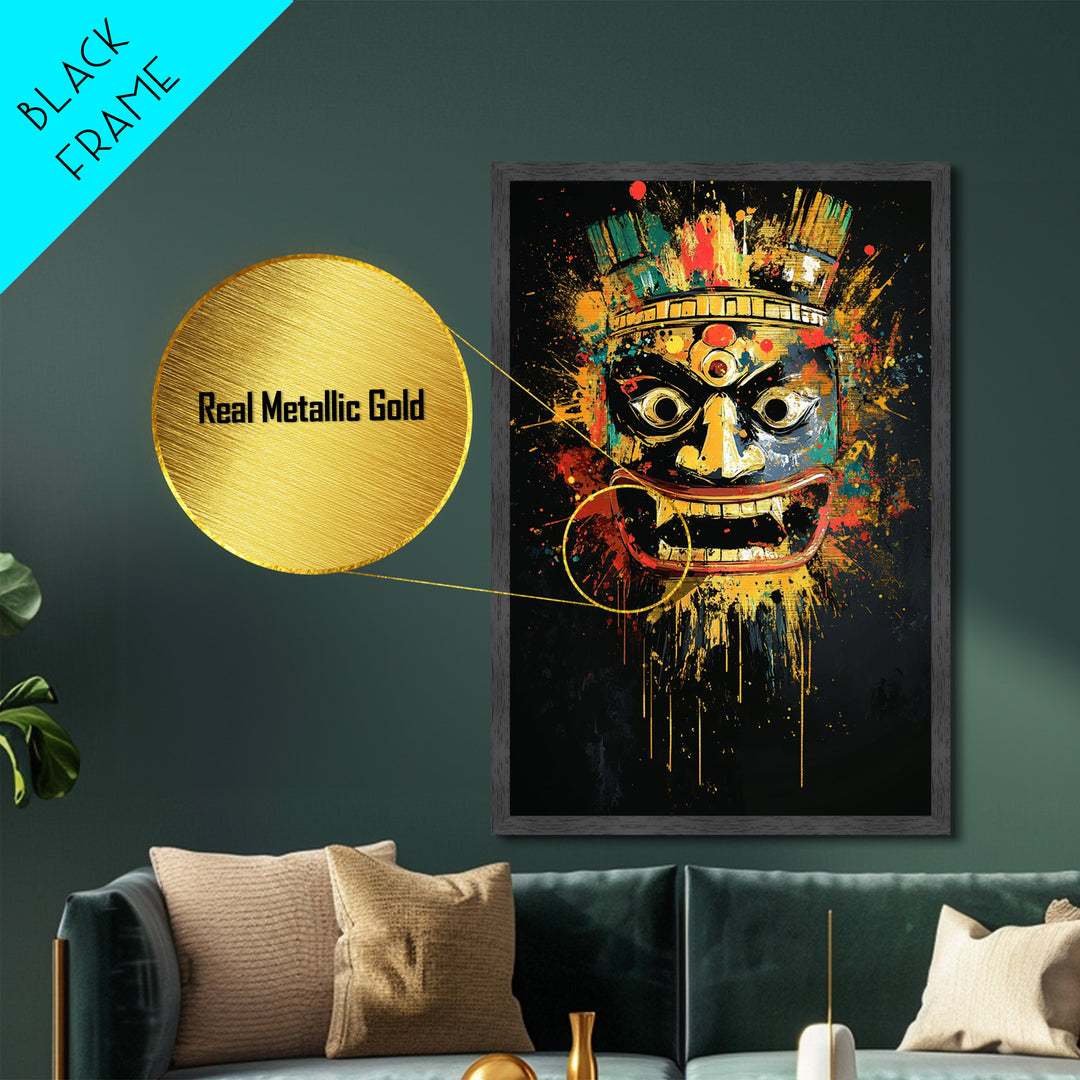 Aztec Warrior Mask Metallic Gold Metal Print, Tribal Wall Art, Splatter Style Decor, Real Wood Frame, Bold Statement Piece