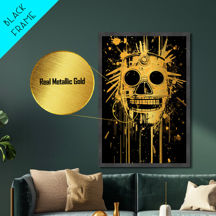 Inca Sun God Mask Metallic Gold Metal Print, Ancient Tribal Wall Art, Splatter Ink Style, Real Wood Frame, Bold Home Decor