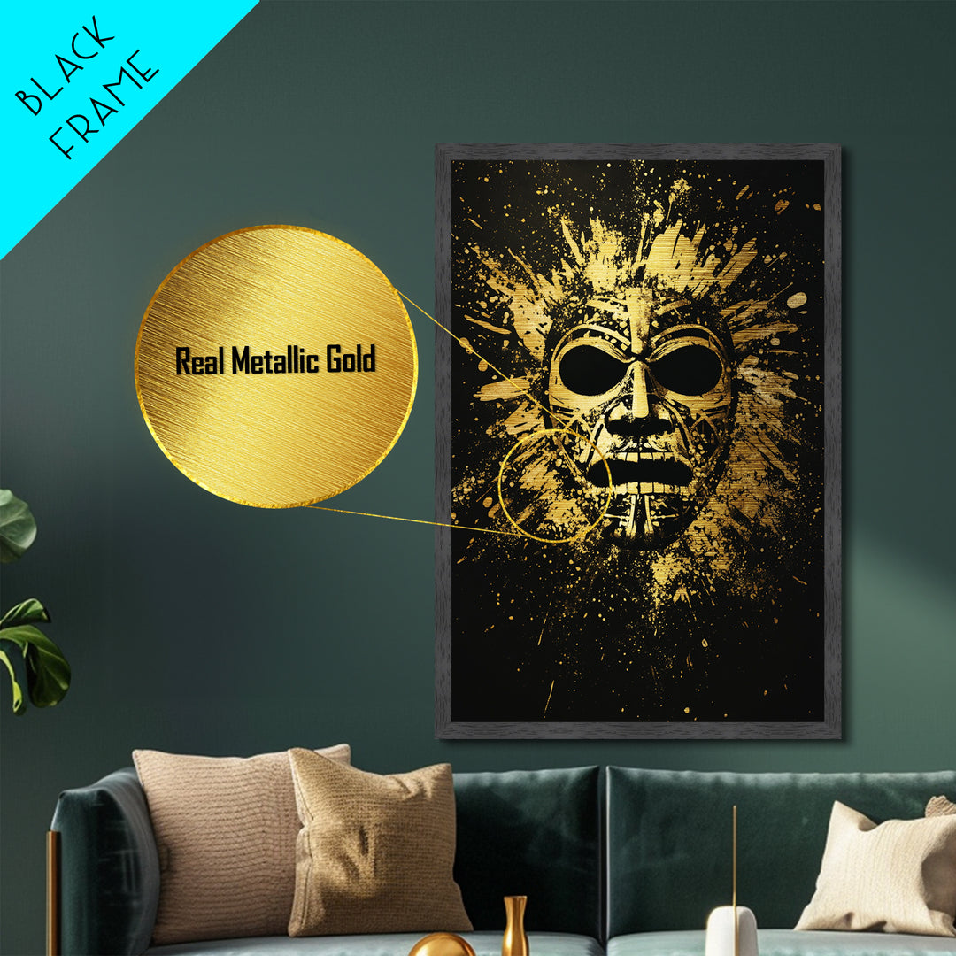 Mayan Ritual Mask Metallic Gold Metal Print, Ancient Tribal Wall Art, Splatter Paint Style, Real Wood Frame, Bold Statement Decor