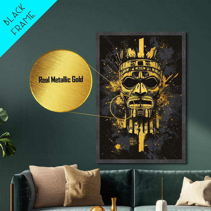 Aztec Chief Mask Metallic Gold Metal Print, Tribal Heritage Wall Art, Splatter Ink Style, Real Wood Frame, Striking Home Accent