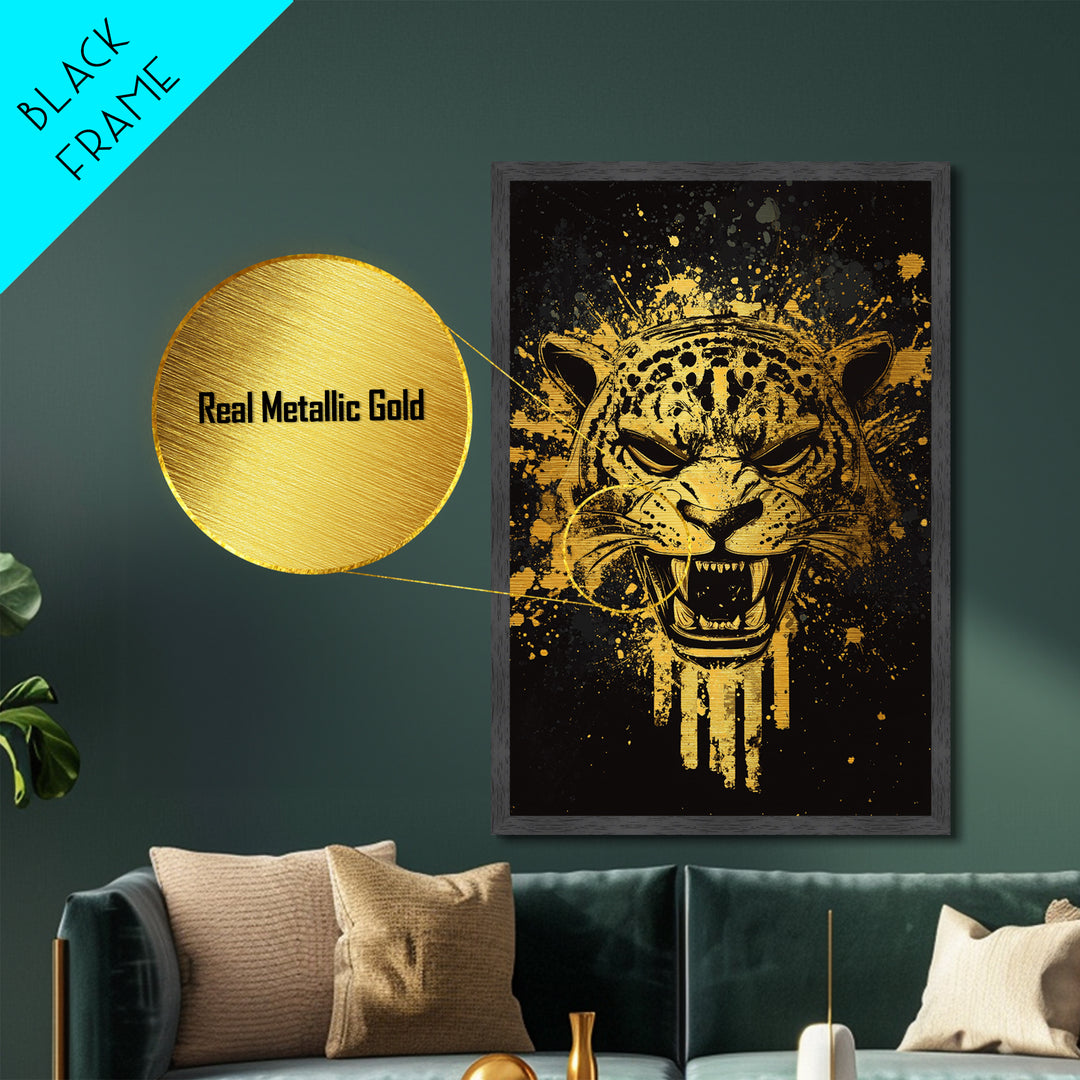 Jaguar Warrior Metallic Gold Metal Print, Aztec Animal Spirit Wall Art, Splatter Ink Style, Real Wood Frame, Fierce Tribal Decor