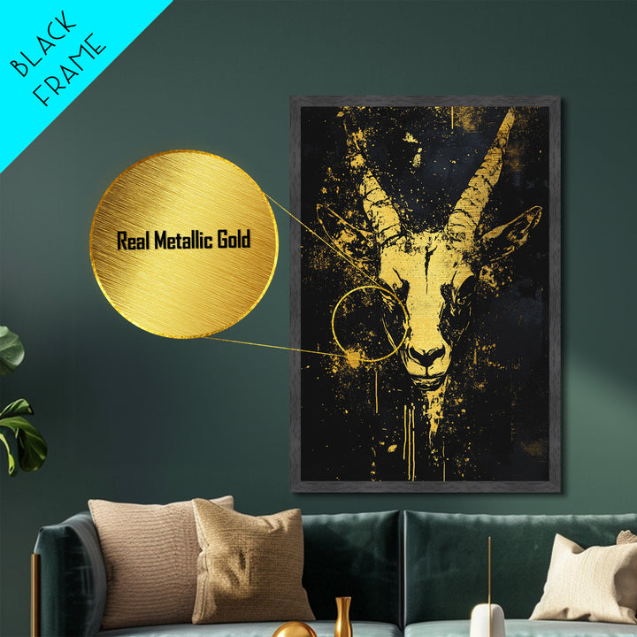 Antelope Spirit Metallic Gold Metal Print, Tribal Wildlife Wall Art, Splatter Style Ink, Real Wood Frame, Minimalist Statement Decor