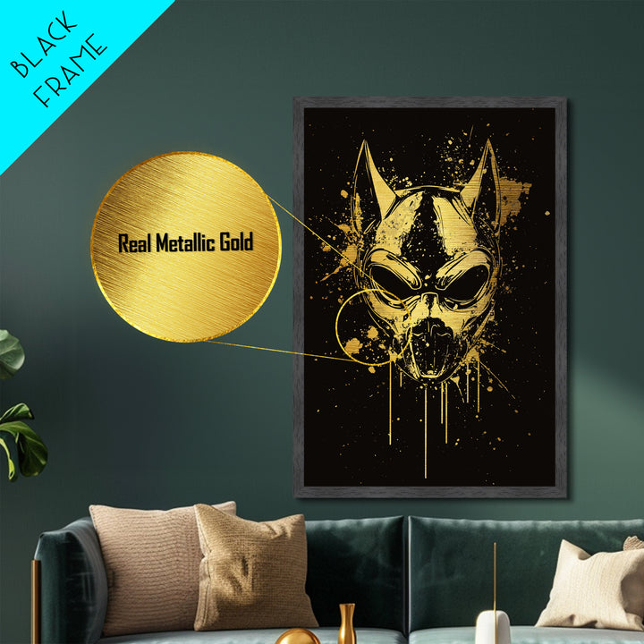 Dog Spirit Mask Metallic Gold Metal Print, Tribal Guardian Wall Art, Splatter Style Ink, Real Wood Frame, Fierce Bold Home Decor