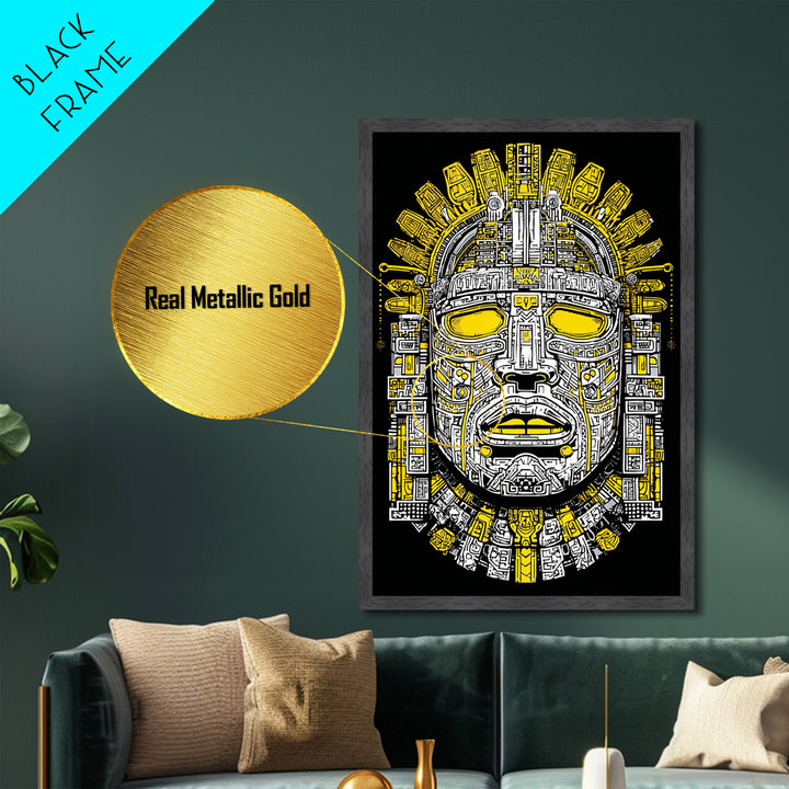 Aztec Sun Mask Metallic Gold Metal Print, Bold Tribal Face Artwork, Ancient Splatter Style Wall Decor, Real Wood Frame