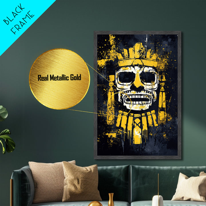 Aztec Feathered Warrior Metallic Gold Metal Print, Ornate Tribal Face Artwork, Ancient Wall Decor, Real Wood Frame