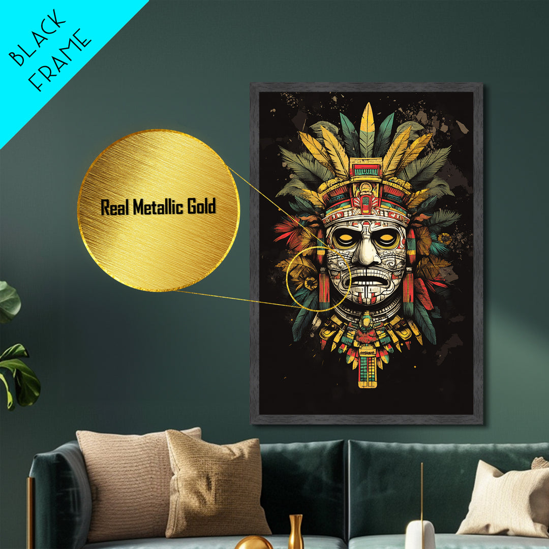 Aztec Sun God Mask Metallic Gold Metal Print, Ornate Tribal Face Artwork, Ancient Mythic Wall Hanging Decor, Real Wood Frame