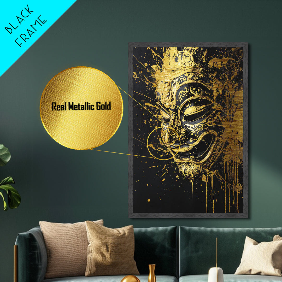 Traditional Mask Metallic Gold Art, Intricate Wall Art, Cultural Spirit Artwork, Real Wood Frame, Unique Splatter Pattern Home Decor