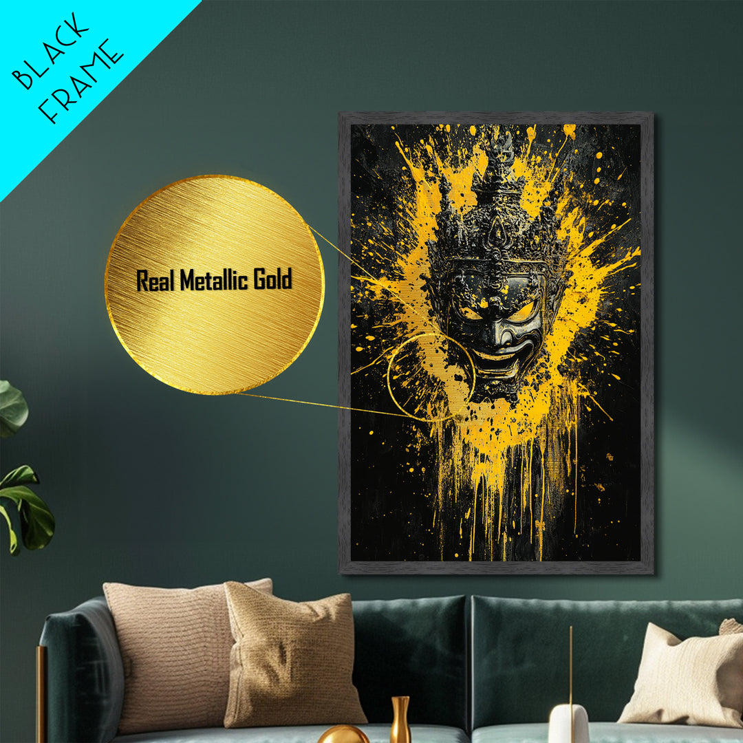 Tribal Mask Metallic Gold Metal Print, Modern Splatter Art, Cultural Wall Decor, Bold Tribal Artwork, Real Wood Framed