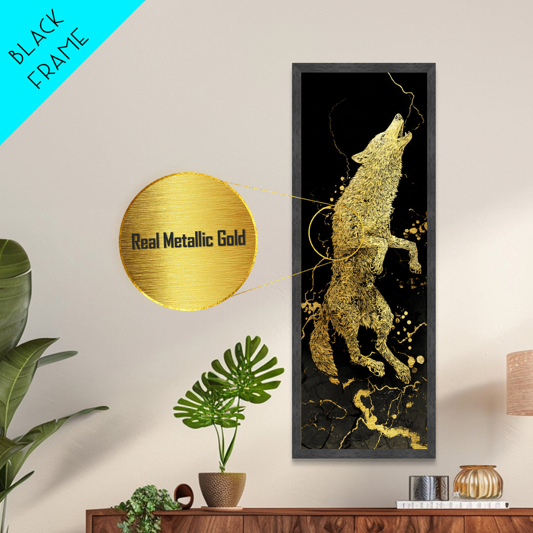 Wolf Fenrir Norse Mythology Metallic Gold Art Metal Art, Viking Office Wall Decor for Men, framed in natural real wood