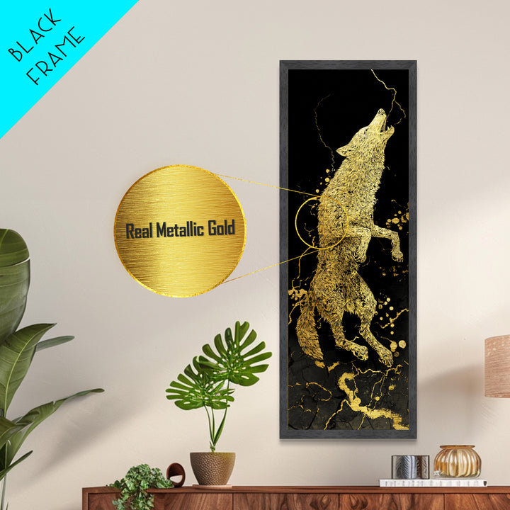Wolf Fenrir Norse Mythology Metallic Gold Art Metal Art, Viking Office Wall Decor for Men, framed in natural real wood