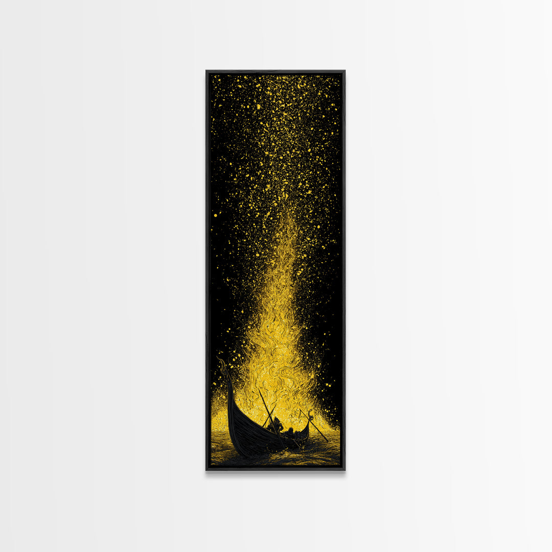 Viking Funeral Ship Canvas Gold Art Canvas Art, Norse Mythology Wall Decor for Dad Gift or Office, framed in rustic wood