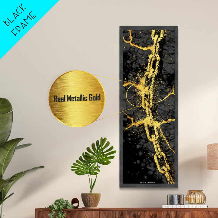 Gleipnir Chain of Fenrir Metallic Gold Art Metal Art, Norse Mythology Viking Decor for Man Cave, in a natural wood frame