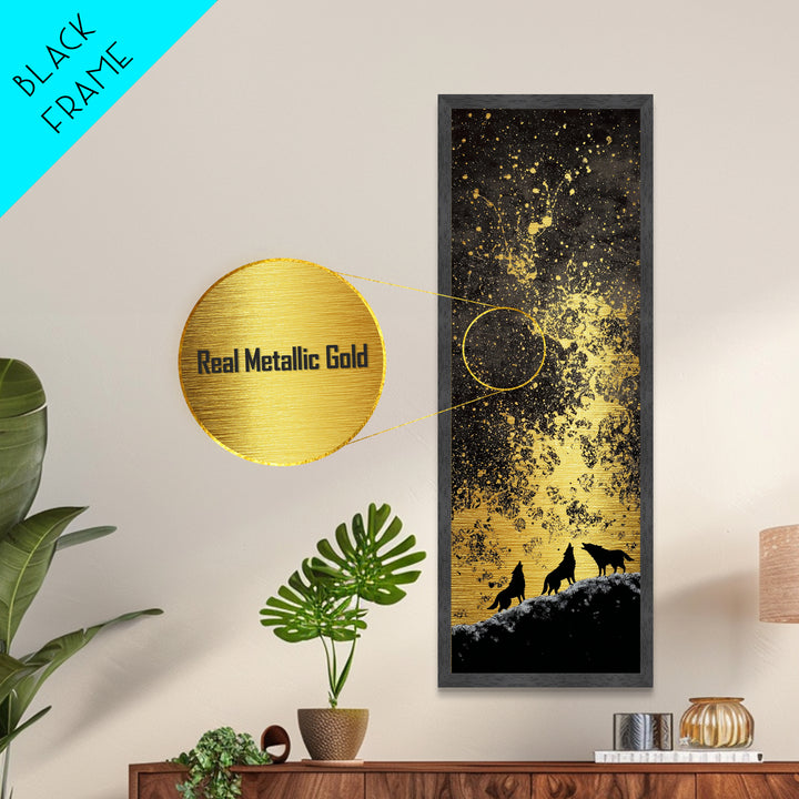 Howling Wolves Norse Night Metallic Gold Art Metal Art, Nordic Mythology Wall Art for Men’s Office, framed with real wood