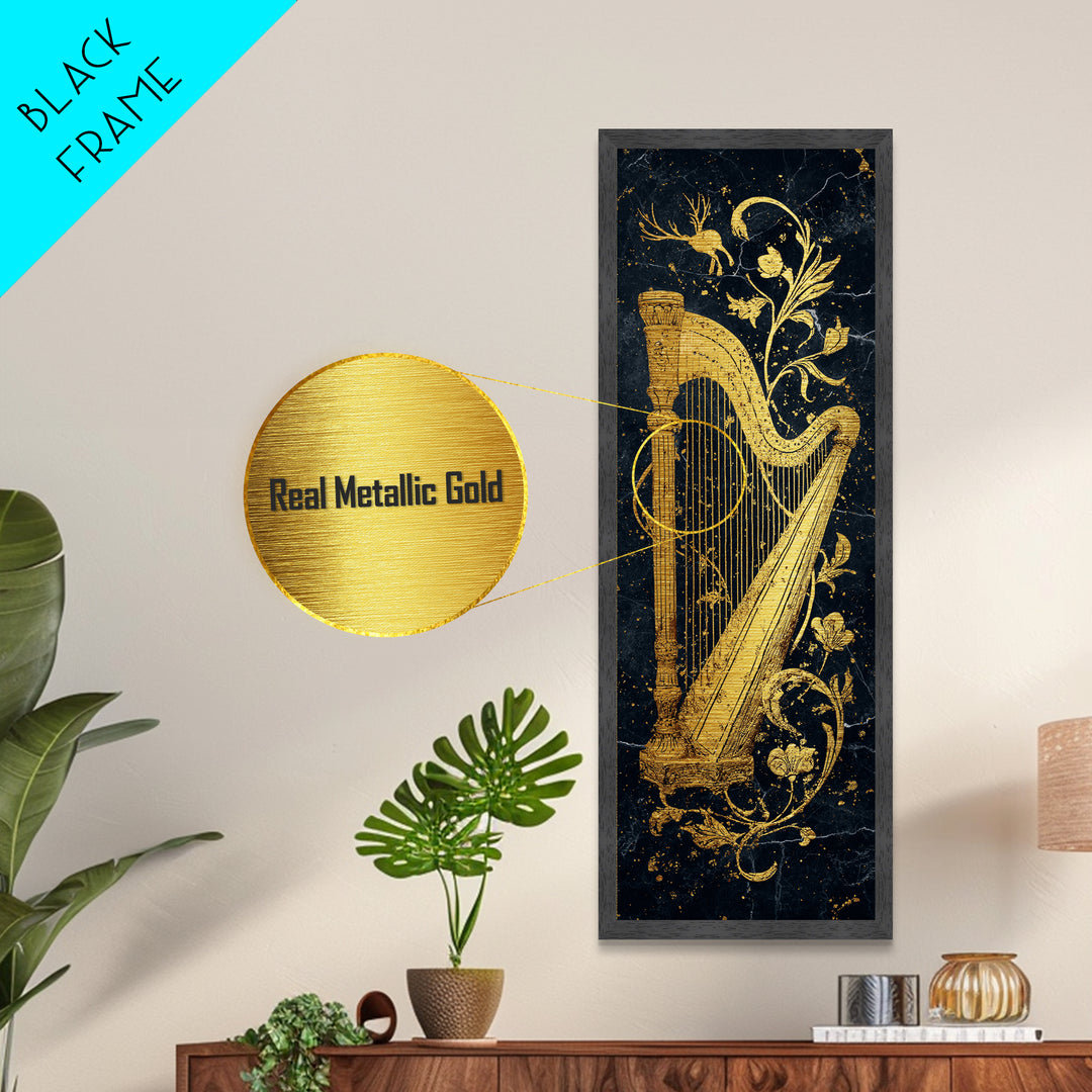 Golden Harp Nordic Wall Art, Wood Framed Metal Art, Metallic Gold Art, Gold Leaf, Gold Foil Art