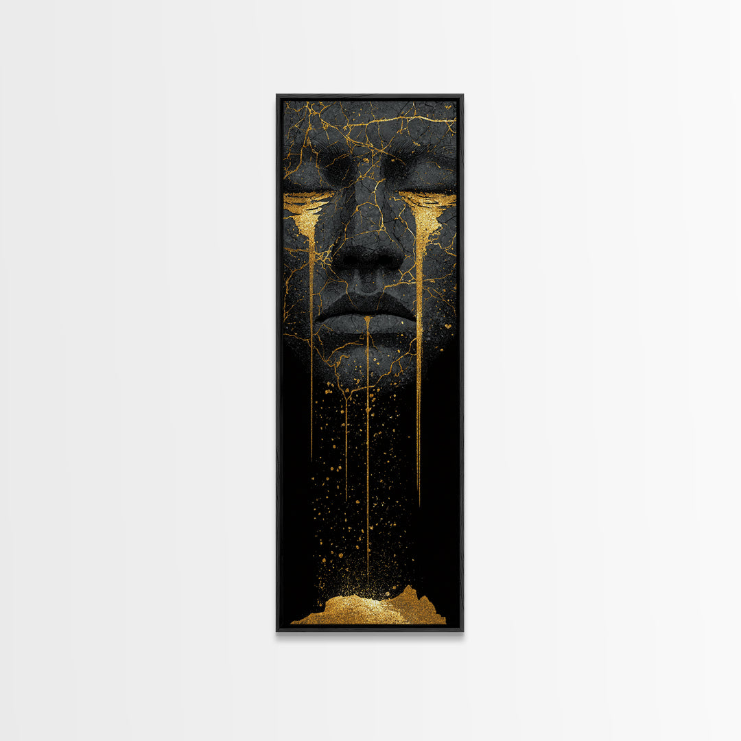 Crying Norse Mask Canvas Gold Art Canvas Art | Nordic Mythology Wall Decor for Man Cave or Office | Framed in Natural Wood