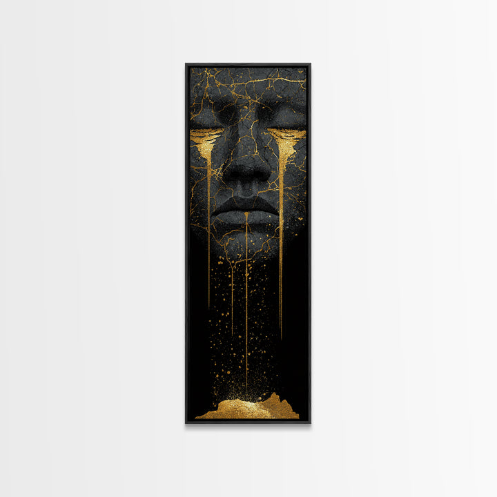 Crying Norse Mask Canvas Gold Art Canvas Art | Nordic Mythology Wall Decor for Man Cave or Office | Framed in Natural Wood