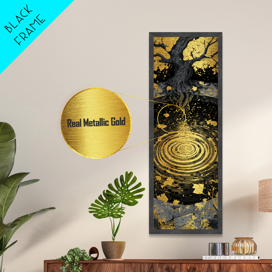 Yggdrasil Tree Metallic Gold Art Metal Art | Nordic Mythology Wall Art of World Tree | Viking Office Decor Framed with Natural Wood