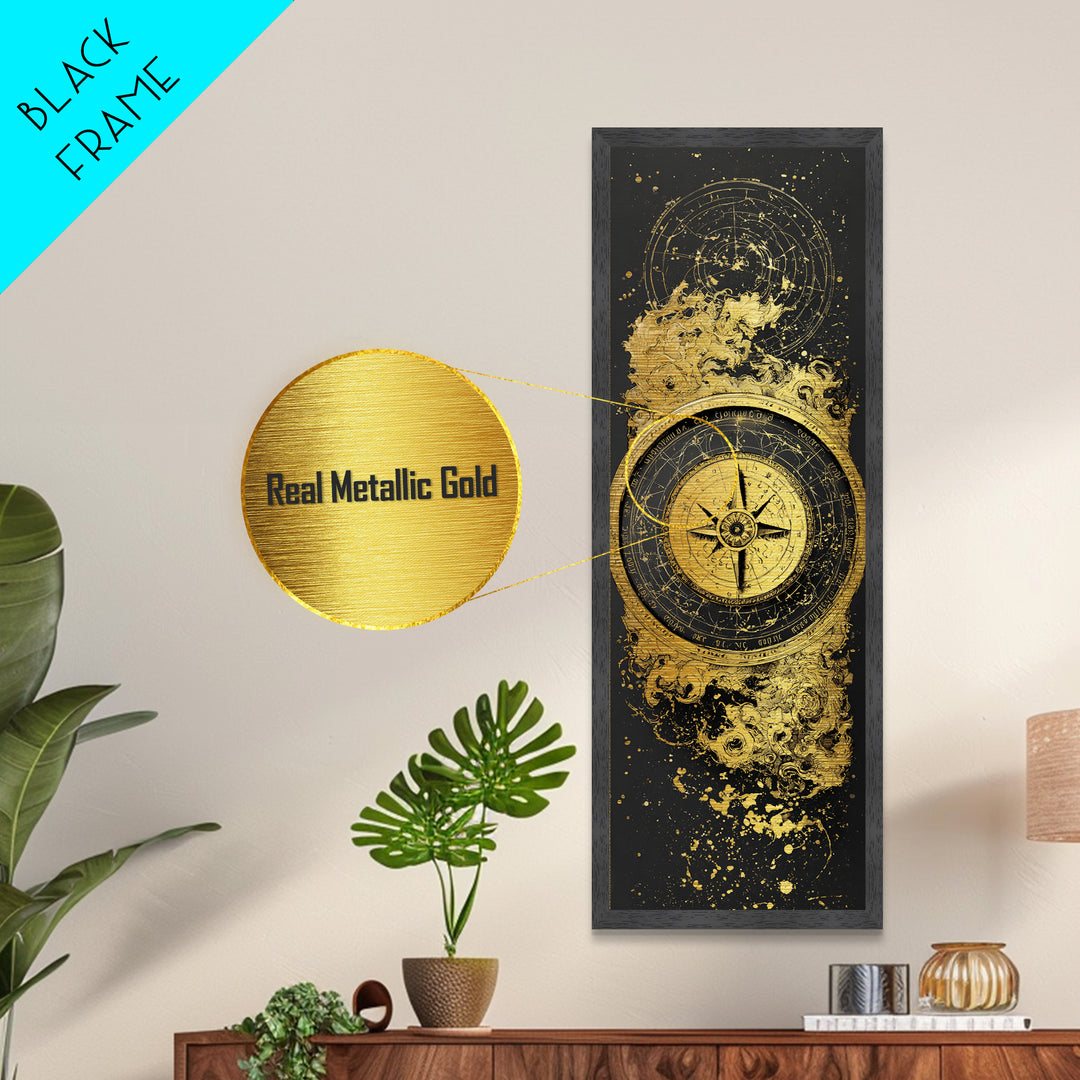 Golden Compass Nordic Wall Art, Wood Framed Metal Art, Metallic Gold Art, Gold Leaf, Gold Foil Art
