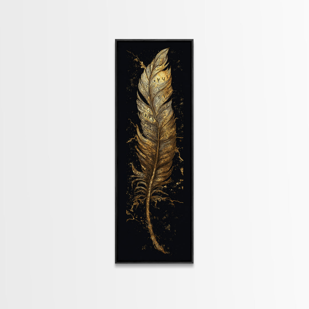 Canvas Gold Art Viking Rune Feather Canvas Art, Nordic Mythology Wall Decor for Office or Man Cave, framed in natural wood