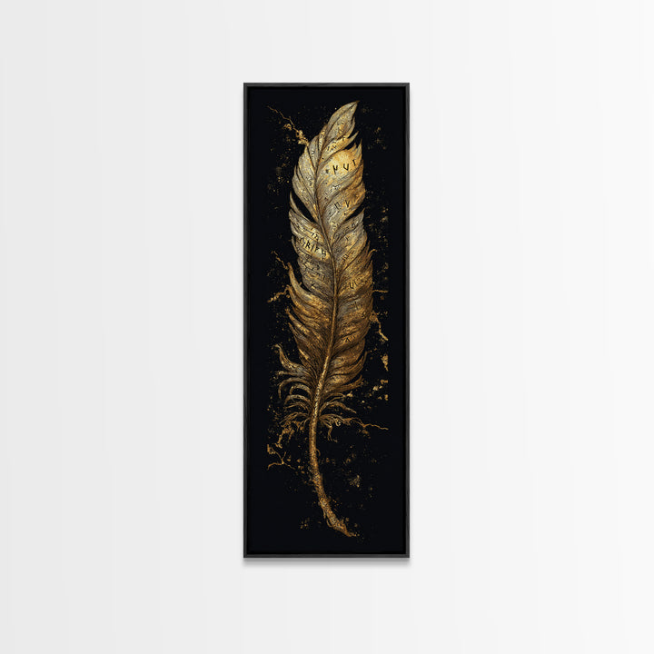 Canvas Gold Art Viking Rune Feather Canvas Art, Nordic Mythology Wall Decor for Office or Man Cave, framed in natural wood