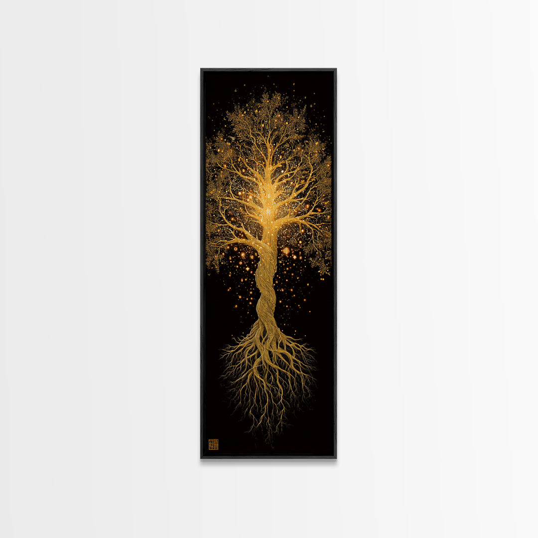 Norse Yggdrasil Canvas Gold Art Canvas Art, Nordic World Tree Wall Decor, Viking Office Art or Dad Gift with real wood frame