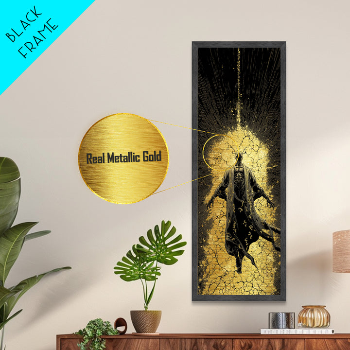 Norse God Ascension Metallic Gold Art Metal Art | Viking Mythology Wall Art | Bold Nordic Office Decor with Natural Wood Frame