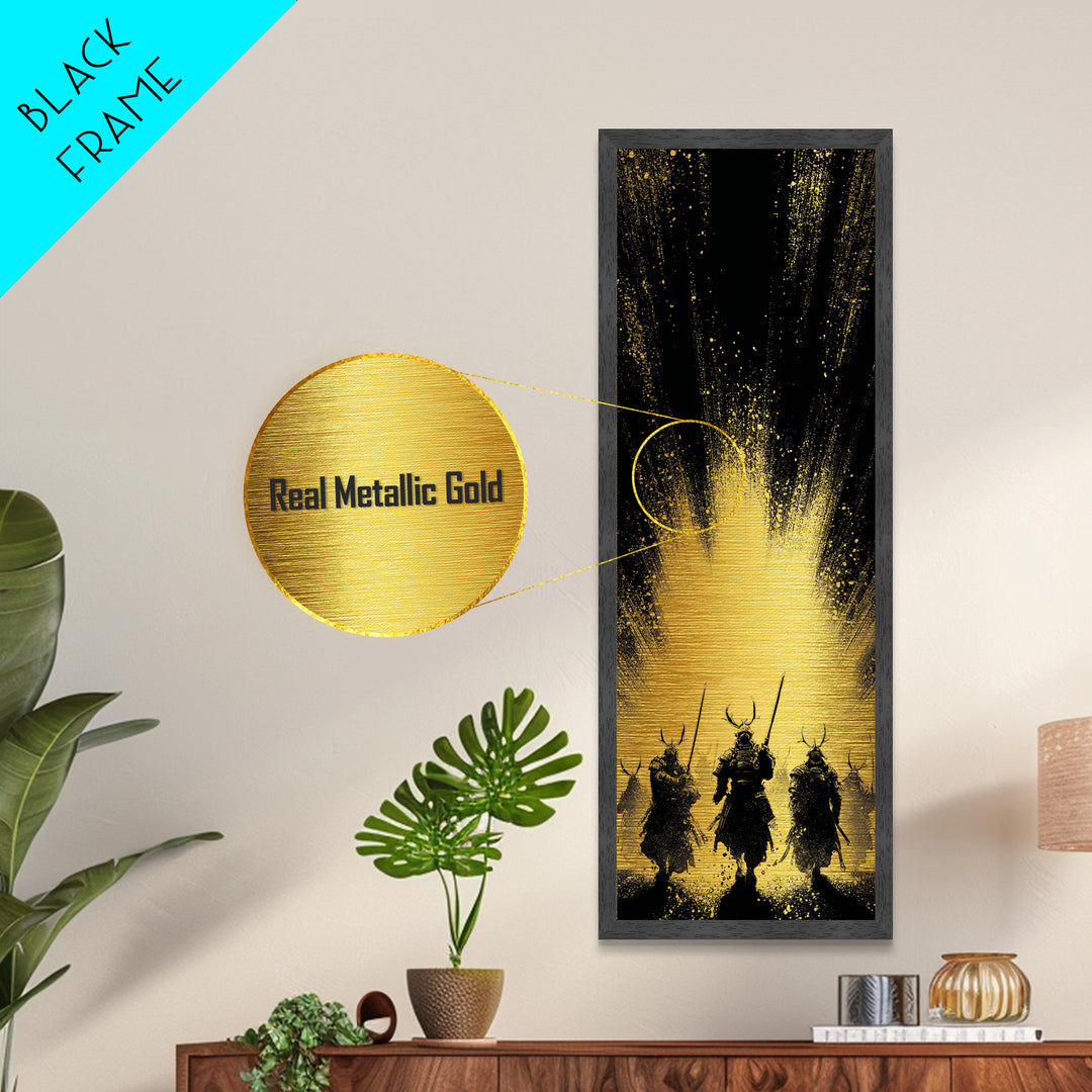 Norse Mythology Metallic Gold Art of Einherjar Warriors, Viking Metal Art for Dad Gift or Office Art, Nordic Battle Scene Framed in Natural Wood