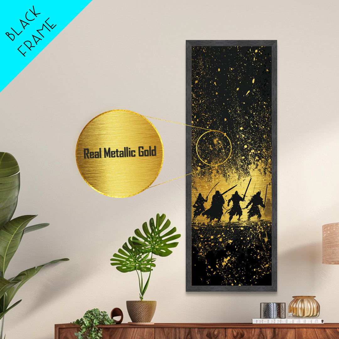 Viking Warriors Metallic Gold Art, Norse Mythology Metal Art Depicting Heroic Einherjar, Man Cave and Office Wall Decor with Real Wood Framing