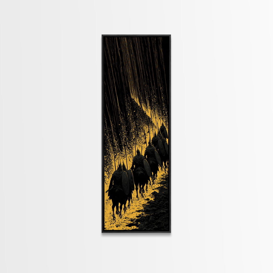 Einherjar Warriors Canvas Gold Art, Viking Battle Canvas Art with Norse Mythology Theme, Office or Man Cave Wall Decor in Real Wood Frame