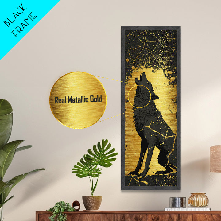 Fenrir Wolf Metallic Gold Art, Norse Mythology Metal Art Depicting Legendary Wolf, Viking Office Art or Man Cave Decor with Real Wood Framing