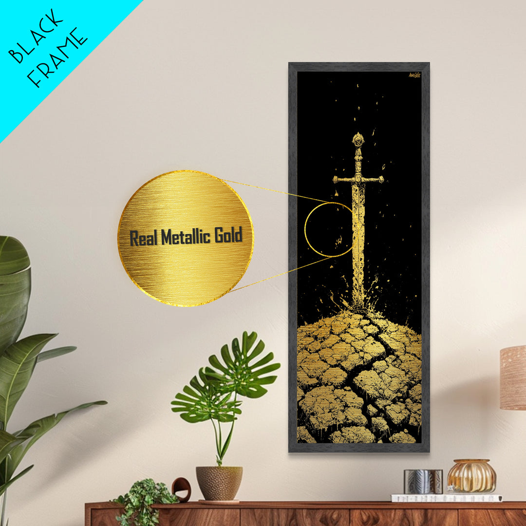 Sword of the North Metallic Gold Art – Viking Mythology Metal Art for Man Cave or Office, framed in natural real wood