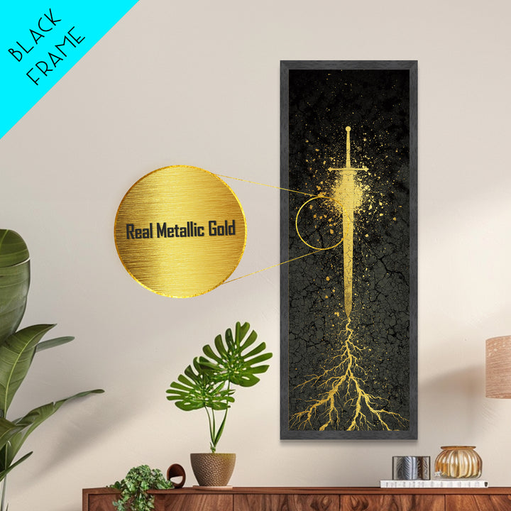 Metallic Gold Art of Runic Viking Sword – Nordic Mythology Metal Art, Norse Decor with real wood frame, perfect Dad Gift
