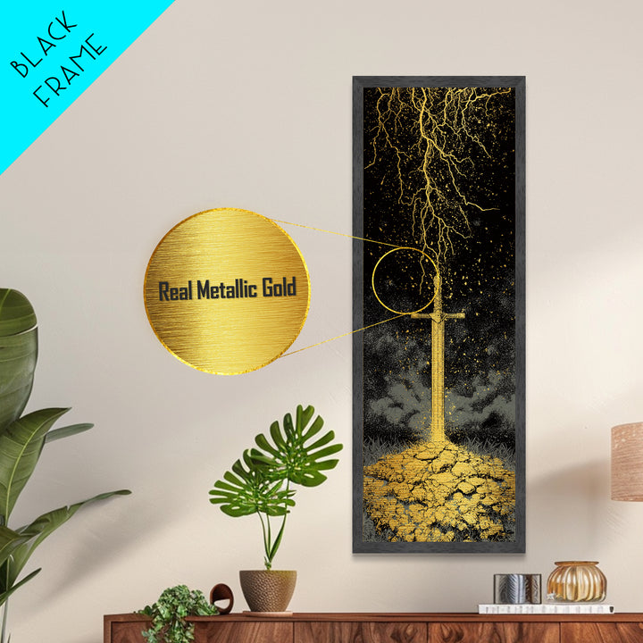 Storm-Forged Viking Sword Metallic Gold Art – Striking Nordic Mythology Metal Art with lightning, real wood frame included