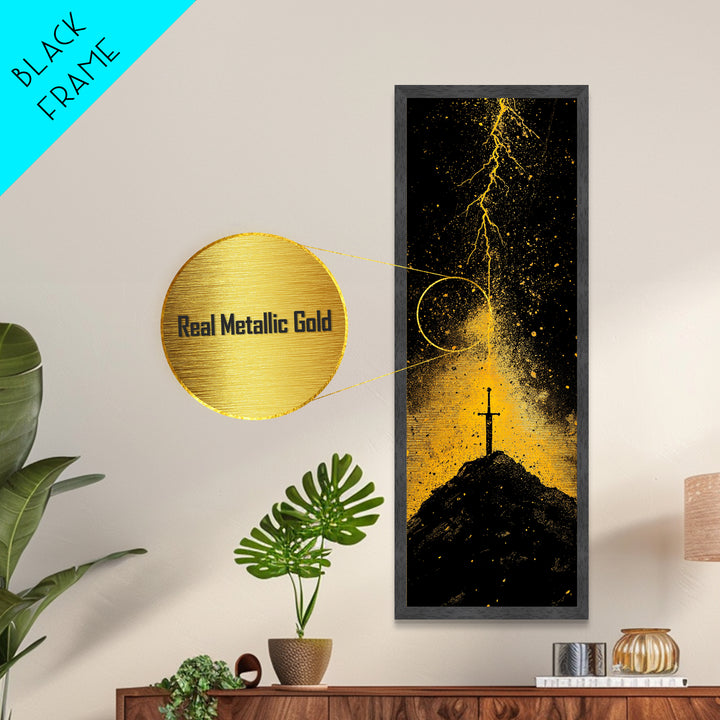 Metal Art Norse Sword of Power – Metallic Gold Art inspired by Viking legends, wall décor framed in authentic real wood