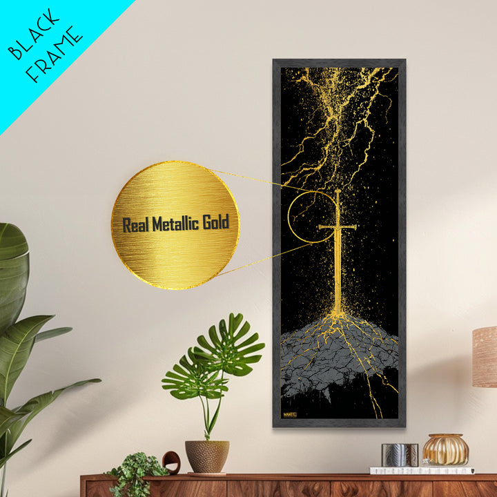 Viking Sword Under Thunder Metallic Gold Art – Nordic Mythology Metal Art, bold wall décor for office, with real wood frame