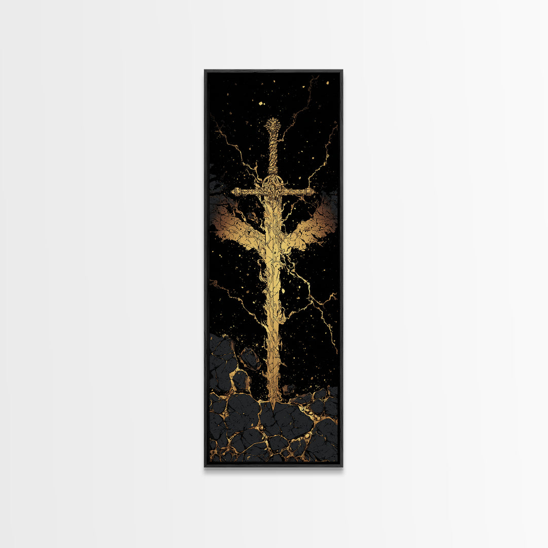 Golden Sword Canvas Gold Art, Norse Mythology Viking Canvas Art Depicting Mythic Blade, Office Art or Man Cave Decor in Real Wood Framing
