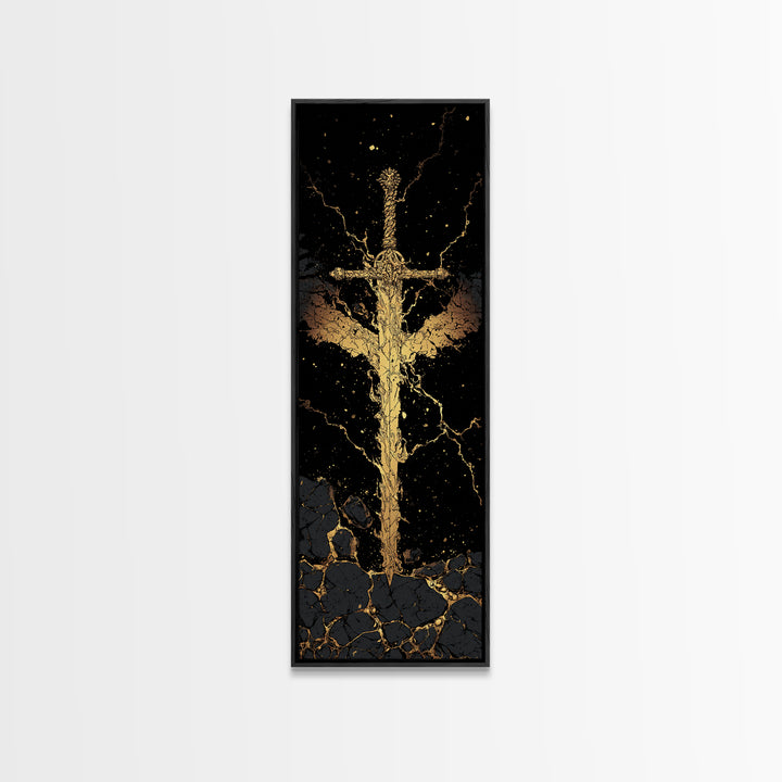Golden Sword Canvas Gold Art, Norse Mythology Viking Canvas Art Depicting Mythic Blade, Office Art or Man Cave Decor in Real Wood Framing