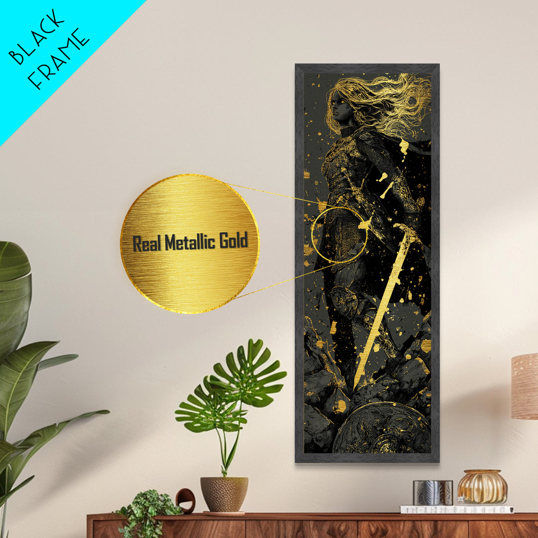 Nordic Shieldmaiden Hervor Metallic Gold Art – Epic Viking Metal Art, Man Cave wall décor in real wood frame, Dad Gift