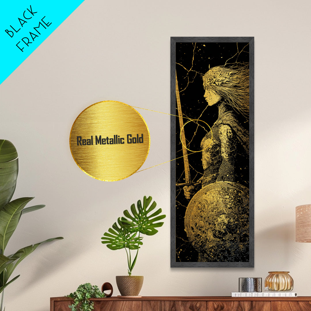 Hervor the Shieldmaiden Metallic Gold Art – Powerful Norse Warrior Metal Art for Man Cave or Office, framed with real wood