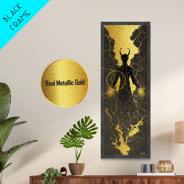 Loki Trickster God Metallic Gold Art – Dark Norse Mythology Metal Art, Viking wall décor for men, framed in solid real wood