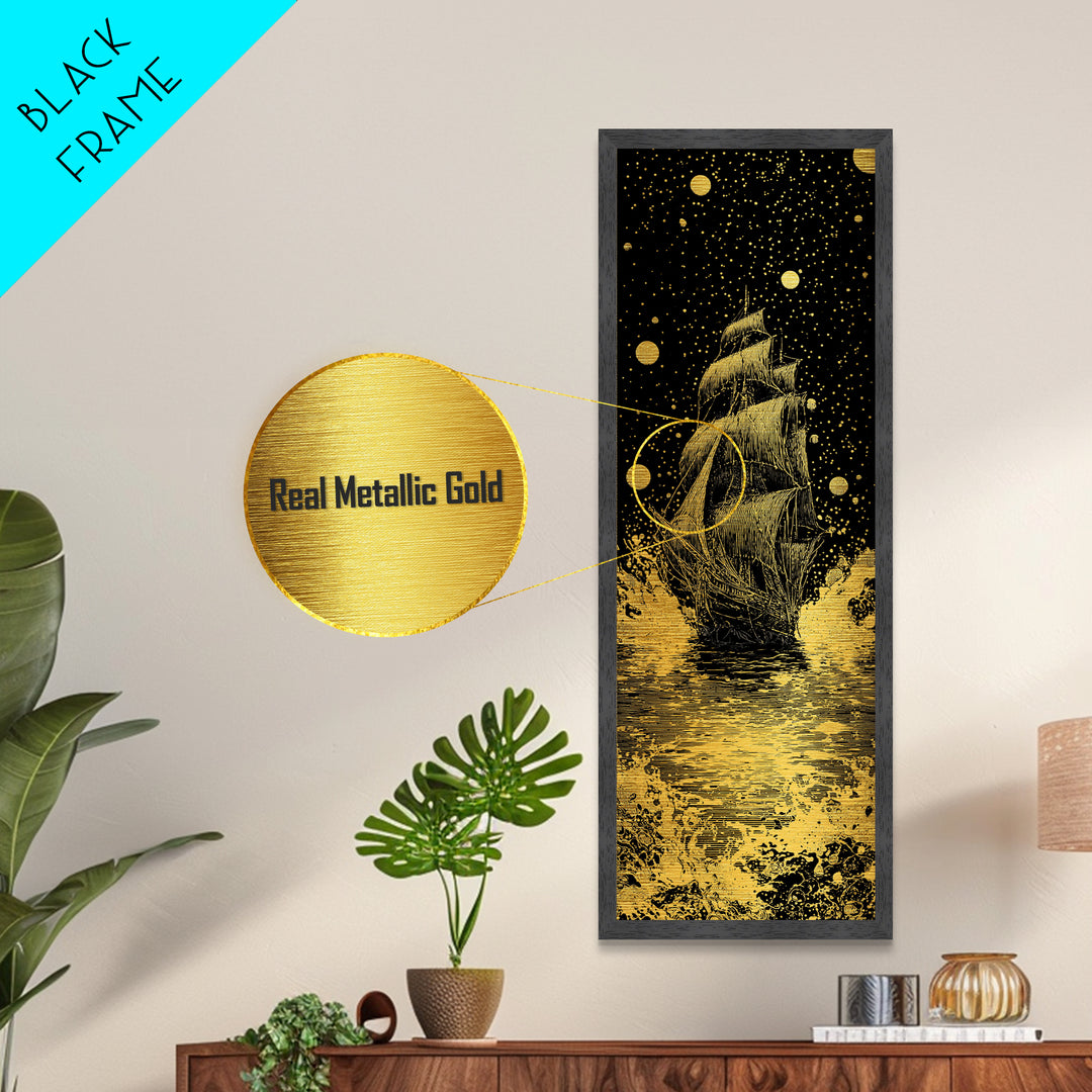 Naglfar Ship Norse Mythology Wall Decor, Metallic Gold Art Viking Metal Art, Unique Dad Gift Office or Study Framed in Natural Wood