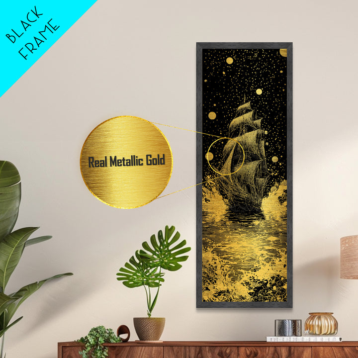 Naglfar Ship Norse Mythology Wall Decor, Metallic Gold Art Viking Metal Art, Unique Dad Gift Office or Study Framed in Natural Wood